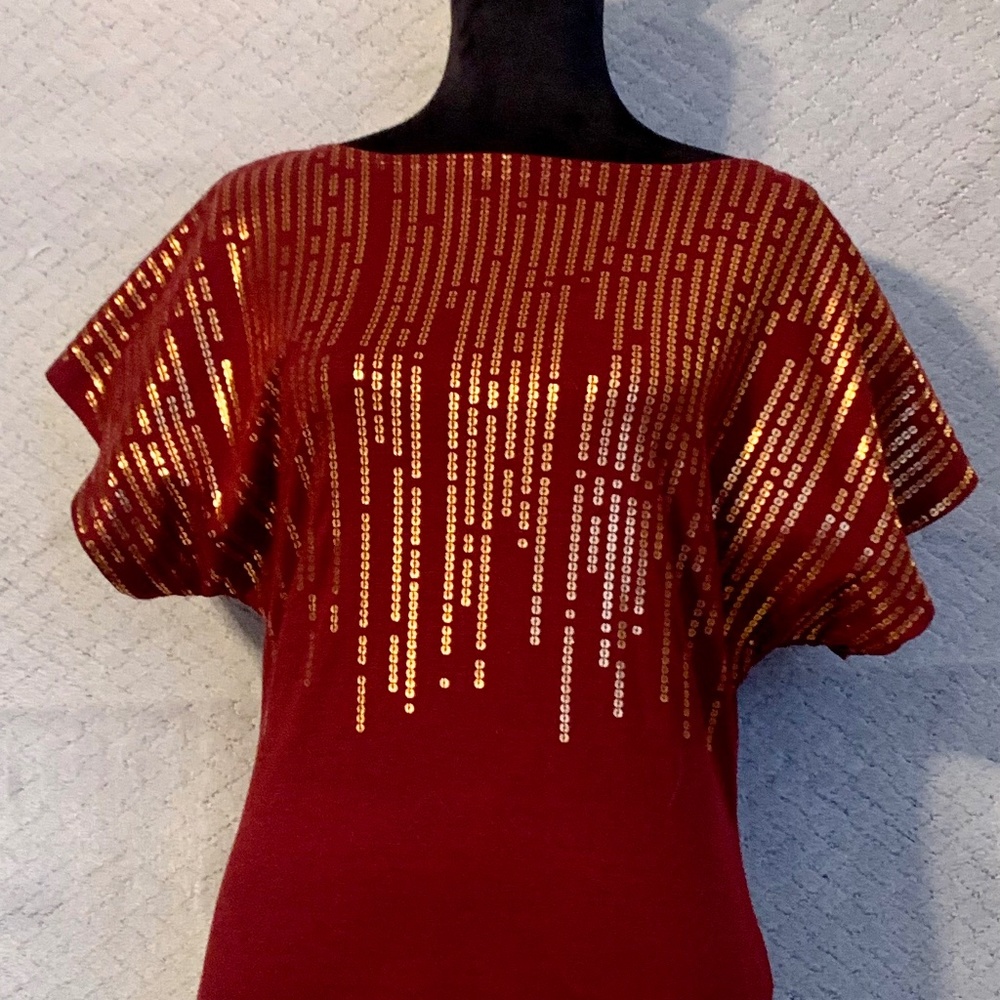 Vintage Susie burgundy short sleeve top, women, printed sequins in front
